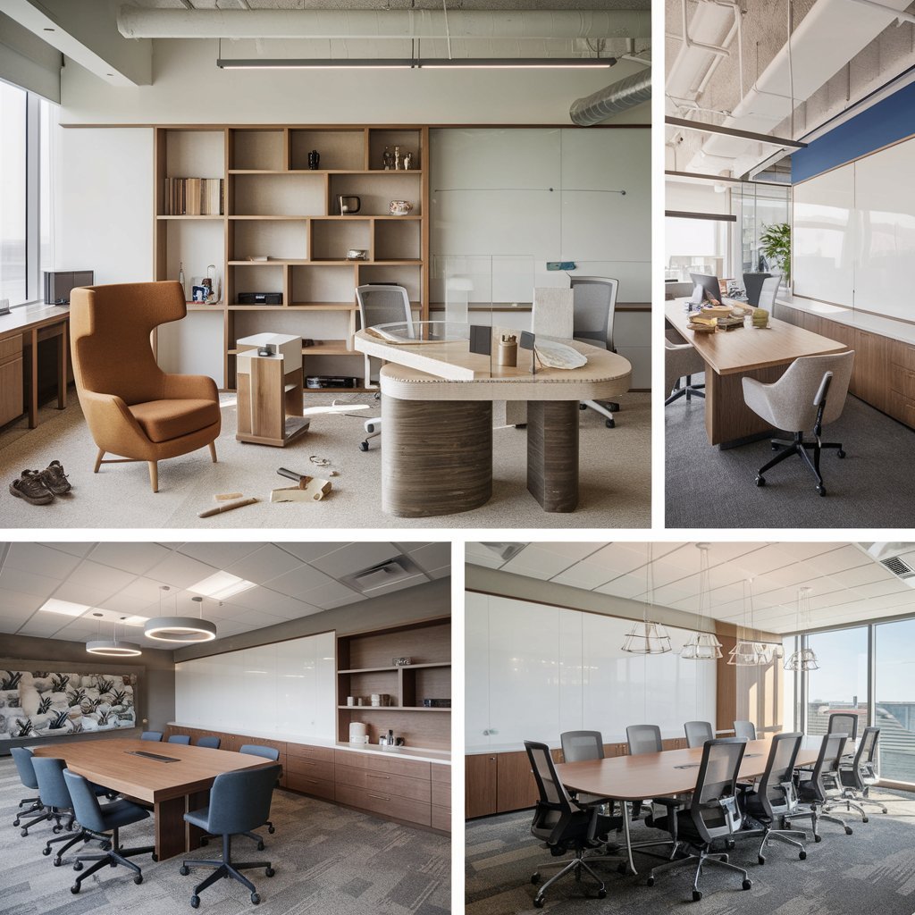 Modern corporate office design with ergonomic furniture and minimalist decor, creating a productive and professional workspace.